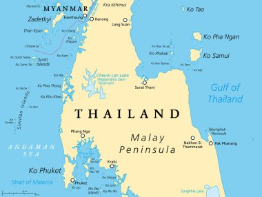 Tayland siyasi haritası, Ko Tao ve Ko Samui 'den Phuket ve Phi Adaları' na kadar. Malay Yarımadası 'nın batısında ve doğusunda, Tayland açıklarında, en önemli adalar ve şehirlerle seyahat yerleri..