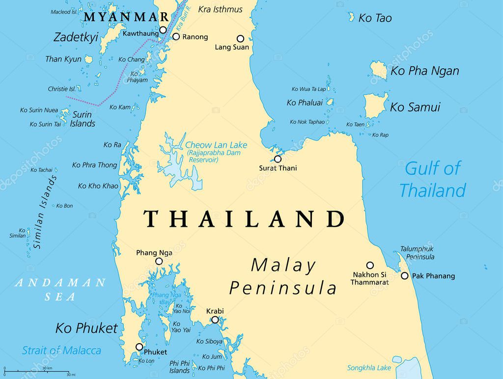 Thailand political map, from Ko Tao and Ko Samui to Phuket and Phi Phi Islands. Destinos de