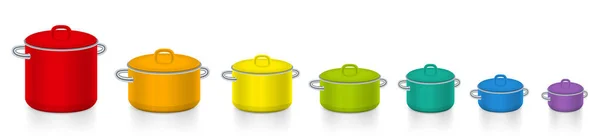 五颜六色的壶 彩虹色的茶壶 不同的大小和颜色为每一天的烹调乐趣 绿松石 分离的病媒 — 图库矢量图片