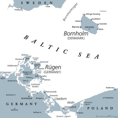 Danimarka adası Bornholm ve Almanya 'nın en büyük adası Ruegen, gri politik harita. Her iki ada da Atlas Okyanusu 'nun marjinal denizi olan güney Baltık Denizi' nde yer almaktadır. Beyaz arkaplanda resim.