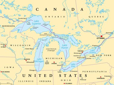 Kuzey Amerika 'nın büyük politik haritası. Lakes Superior, Michigan, Huron, Erie ve Ontario. Birbirine bağlı büyük tatlı su gölleri serileri Kanada ve Amerika Birleşik Devletleri sınırında veya yakınında.