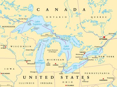 Great Lakes of North America political map. Lakes Superior, Michigan, Huron, Erie and Ontario. Series of large interconnected freshwater lakes on or near the border of Canada and of the United States. clipart