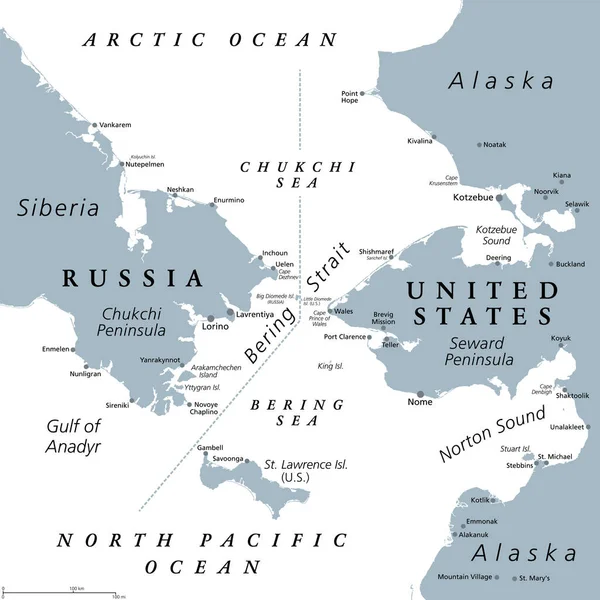 ベーリング海峡 灰色の政治地図 北太平洋と北極海の間の海峡で ロシア極東のチュクチ半島と米国アラスカ州の西側半島を隔てている — ストックベクタ