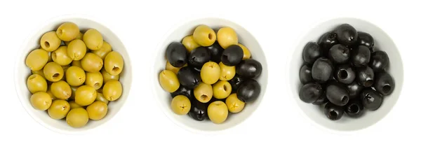 Pitted Green Black Olives Hojiblanca White Bowls European Olives Olea — Stock Photo, Image
