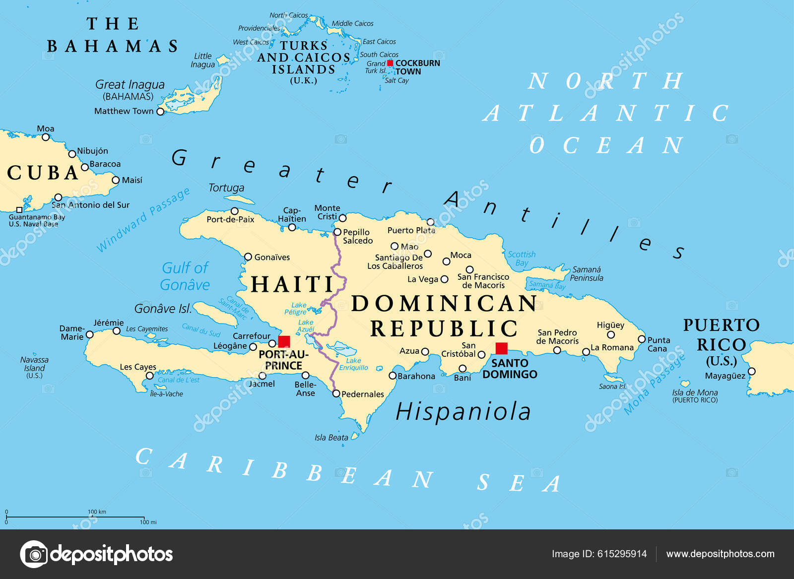Hispaniola Okol Politick Mapa Karibsk Ostrov Rozd Len Haiti Depositphotos 615295914 Stock Illustration Hispaniola Surroundings Political Map Caribbean