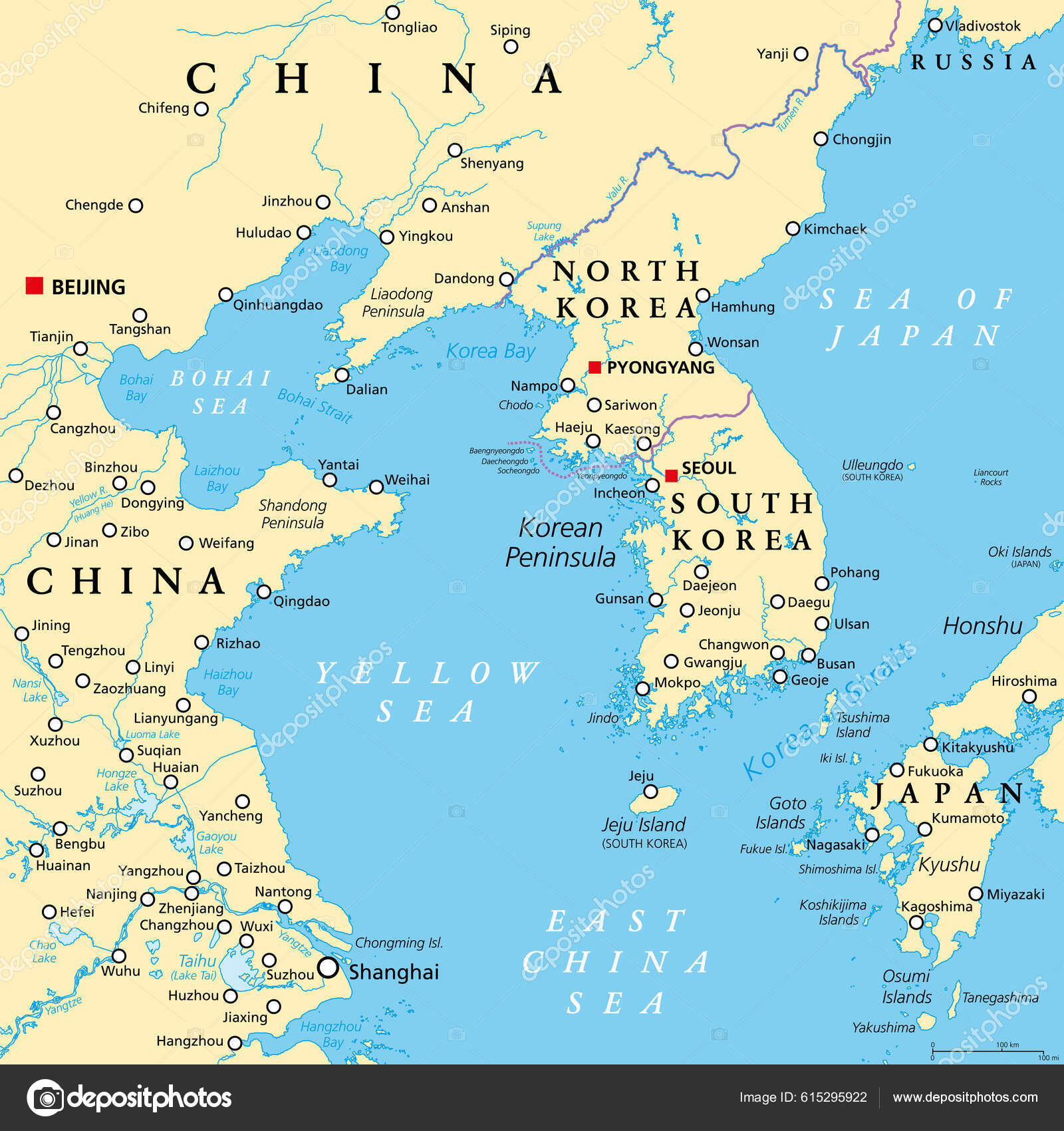 Region Półwyspu Koreańskiego Mapa Polityczna Półwysep Korea Azji Wschodniej Podzielony — Grafika