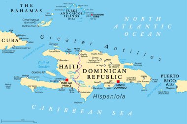Hispaniola ve çevre, politik harita. Büyük Antiller 'in bir parçası olan Haiti ve Dominik Cumhuriyeti' ne bölünmüş Karayip adası Küba, Bahamalar, Porto Riko ve Turks ve Caicos Adaları 'nın yanında yer alıyor..