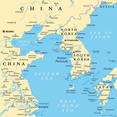 Kore Yarımadası bölgesi, politik harita. Doğu Asya 'da Çin ve Rusya ile sınır komşusu olan Kuzey ve Güney Kore arasında bölünmüş Kore' nin Japonya 'dan ayırdığı yarımadalı bölge..