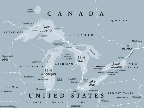Grandes Lagos América Norte Mapa Político Cinzento Lagos Superior Michigan —  Vetores de Stock