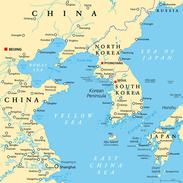 Корейский полуостров, политическая карта. Полуостров Корея в Восточной Азии, разделенный между двумя странами Северная и Южная Корея, граничащая с Китаем и Россией, отделенный от Японии Корейским проливом.