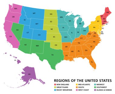 Amerika Birleşik Devletleri bölgeleri, politik haritalar. New England, Great Plains, Rocky Mountain, Mid Atlantic, South Coast, Midwest, Southwest, Alaska ve Hawaii 'nin dokuz bölgesidir. Görüntü