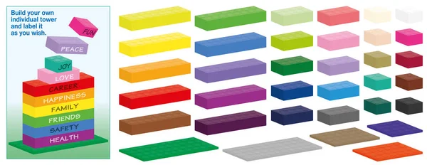 塑料建材套件 彩色的个别部件组合在一起 并按等级用流行语标注 白色背景上的孤立矢量图解 — 图库矢量图片