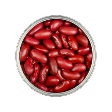 Kırmızı böbrek fasulyesi, açık bir kutuda. Pişmiş ve konserve fasulye, çeşit çeşit fasulye, Faz vulgaris, vejetaryen zımba yiyecekler. Yukarıdan izole edilmiş, yakın çekim, makro yiyecek fotoğrafı..