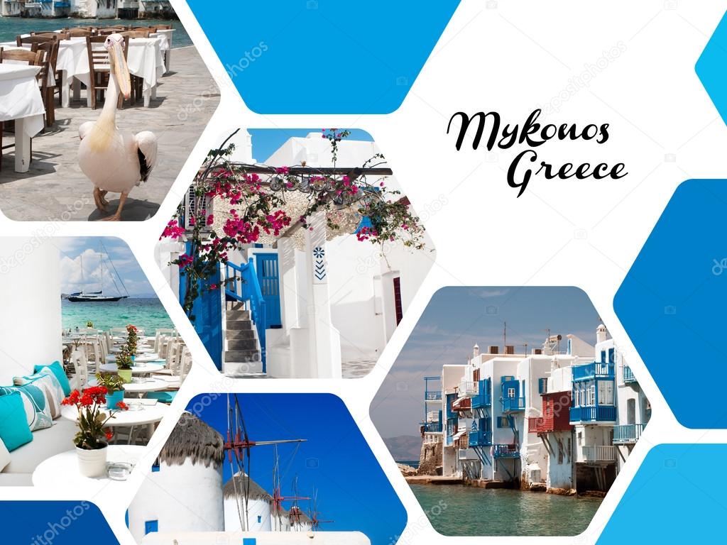 Set of summer photos of Mykonos island, Greece