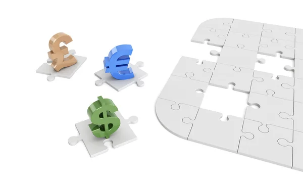 Dollar, euro, pound signs on puzzle pieces — Stock Photo, Image