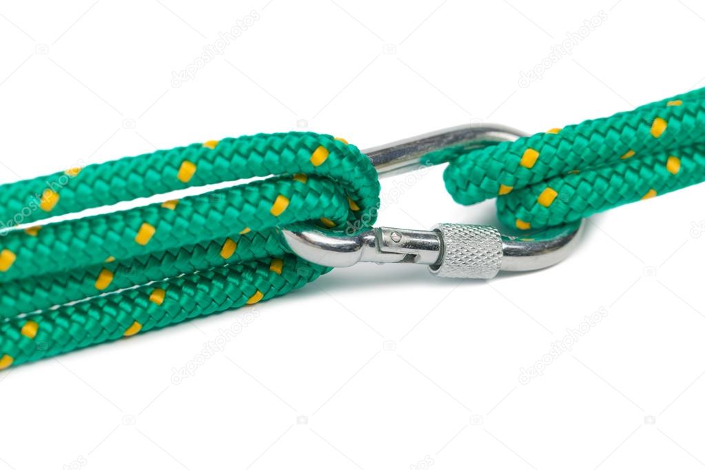 Carabiner with rope isolated on white