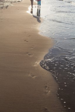 gündoğumu sırasında kumsalda yürüyen kadınlar