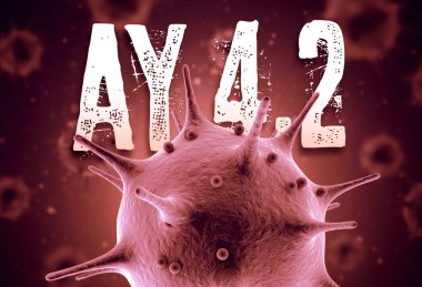 SARS-CoV-2 Delta Coronavirus AY.4.2 3d yorumlama konsepti: Havada yüzen bulanık virüs hücrelerinin önündeki Macro coronavirus hücresi ve AY.4.2 metin. AY.4.2 dikenli proteininde A22V ve Y145H mutasyonları içerir..