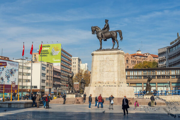 Ankara-Turkey, November 13, 2021: Victory Monument | Zafer Aniti one of the most popular iconic symbols of Ankara. Statue of Mustafa Kemal Ataturk, Turkish people in the Ulus square in Ankara. 