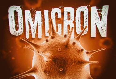 Coronavirus Omicron varyant 3d yorumlama konsepti: Havada yüzen bulanık virüs hücrelerinin önündeki makro koronavirüs hücresi ve Omicron metni. Omicron varyantı ayrıca PANGO soy tanımlayıcı B.1.529 olarak da bilinir.
