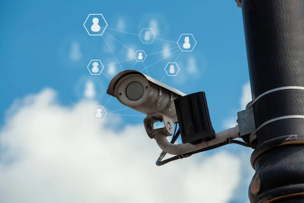 Ccd Surveillance Camera Mounted Pole Street Security Cam Monitoring People — Stock Photo, Image