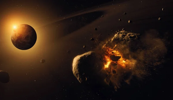 A burning meteorite heading towards the earth during sunsrise.  An asteroid flies near the earth orbit. Elements furnished by NASA.