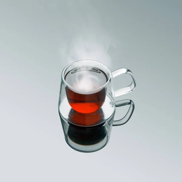 Frisch Gebrühter Heißer Schwarzer Tee Doppelseitigem Modernem Transparentem Glas Heißer — Stockfoto