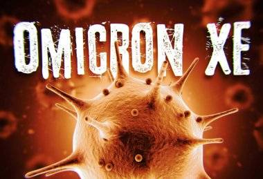 Coronavirus Omicron XE değişken 3d oluşturma konsepti: Havada yüzen bulanık virüs hücrelerinin önündeki Macro coronavirus hücresi ve Omicron metni. 