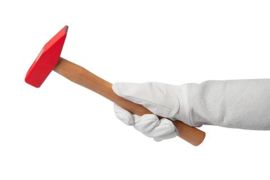 Worker wearing protective white leather gloves holding a red hammer on white background.