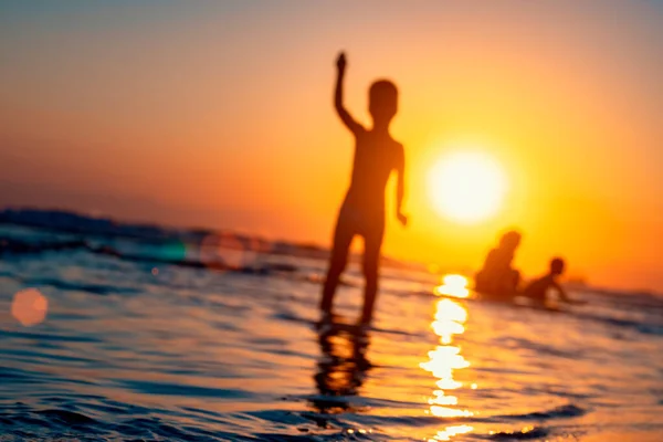 Silhouette Boy His Family Sea Sun Sunset Summer Antalya Ripples — Stock Photo, Image
