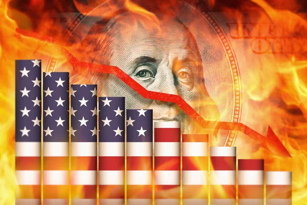 ABD ekonomisinde durgunluk ve enflasyon. Finansal kriz, bankaların iflası. Kırmızı ok, 100 dolarlık banknot ve alevlerin önünde ABD iş grafiğinin üzerine doğru iniyor. Ekonomistler ABD için tahminlerde bulundu.