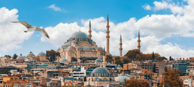 Muhteşem tarihi Süleyman Camii, Rustem Paşa Camii ve bulutlu bir günde binaların güzel manzarası. İstanbul Türkiye 'nin en popüler turizm beldesi. Türkiye 'ye Seyahat kavramı