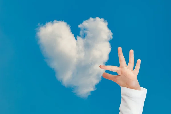 Child Hand Trying Hold Heart Shaped Cloud Blue Sky Concept — Stock Photo, Image