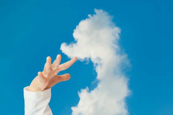 Child Hands Trying Touch Animal Shaped Cloud Blue Sky Concept — Stockfoto
