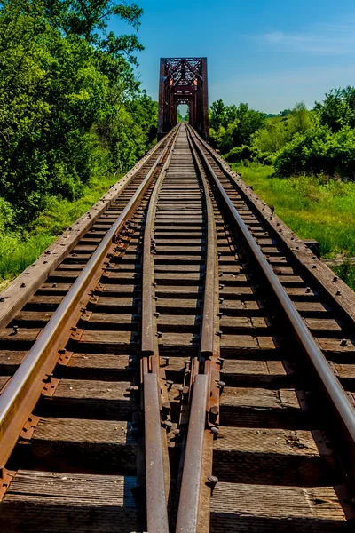 Hermosas líneas convergentes de los rieles de un antiguo caballete ferroviario con un antiguo puente icónico de armadura de hierro —  Fotos de Stock