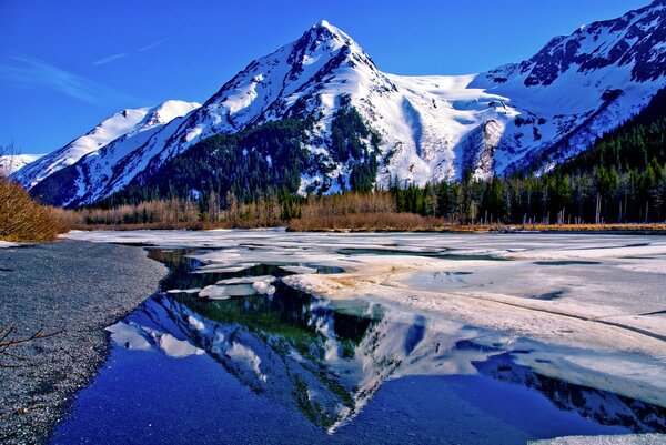 Partially Frozen Lake with Mountain Range Reflected in the Great Alaskan Wilderness.