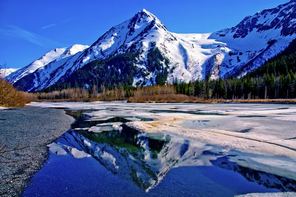 Частично замерзшее озеро с горным хребтом, отраженным в Великой Аляскинской пустыне . Стоковое Фото