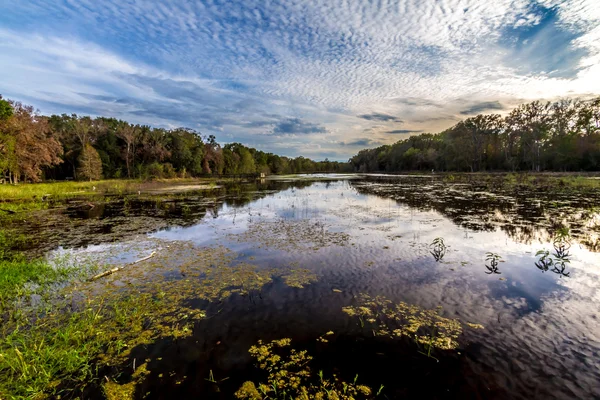 Groothoek bekijken van een te late middag reflecties op kleurrijke creekfield meer — Stockfoto