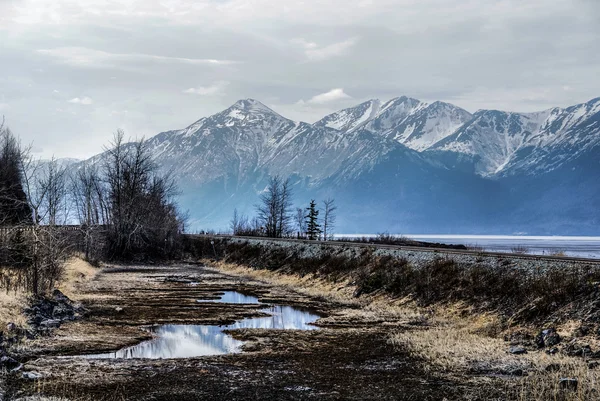 Misty montagnes de l'Alaska avec des pistes de train suivant le bras de roulement à nouveau . — Photo