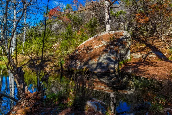 Farbenfrohe riesige Zypressen mit etwas Herbstlaub am ruhigen Hamilton Creek, bedeckt mit großen Granitsteinen und vielen orangen Zypernblättern — Stockfoto
