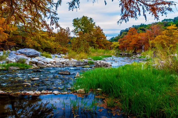 Texas hill country pedernales nehirler texas servi ağaçlarının kristali çevreleyen çarpıcı sonbahar renkleri temizleyin. — Stok fotoğraf