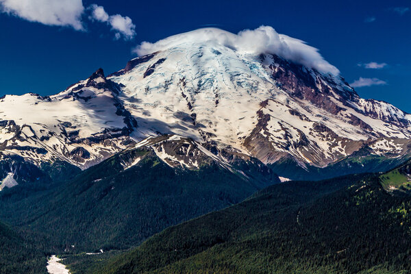Wide Angle View of Snow Capped Mount Rainier
