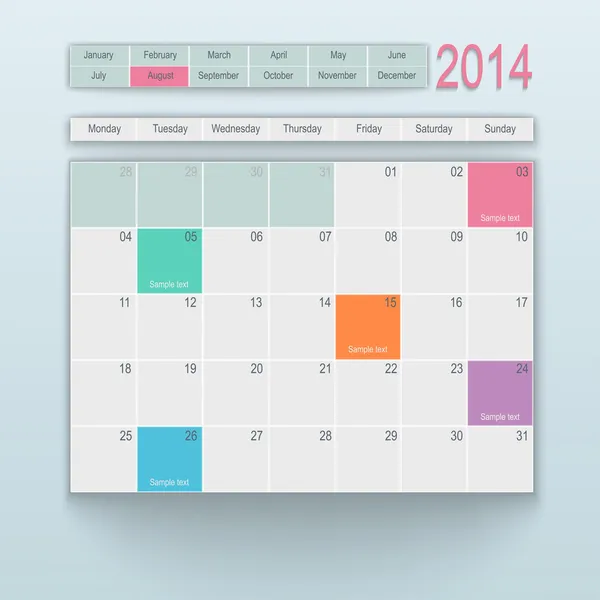 カレンダーのデザイン。8 月 — ストックベクタ