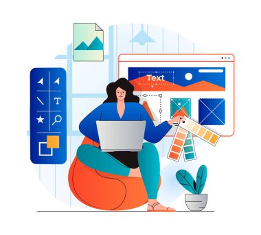 Modern düz tasarımlı stüdyo konsepti. Kadın tasarımcı paletlerden renkler seçer, grafik elementler yaratır ve kalem araçları ile çalışır. Illustrator stüdyoda resim çiziyor. Vektör illüstrasyonu