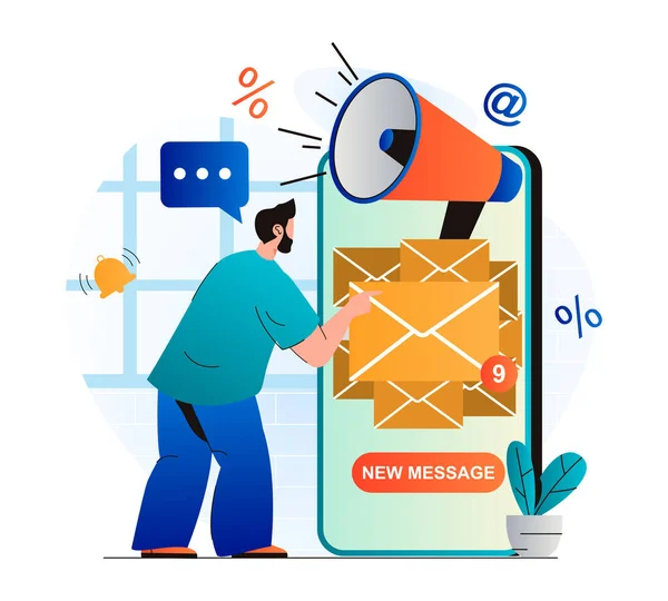 E-mail marketing concept in modern plat ontwerp. Man ontvangt nieuwe mails in mobiele app. Reclame mailing om nieuwe klanten te informeren. Online promotie en reclamecampagne. Vectorillustratie — Stockvector