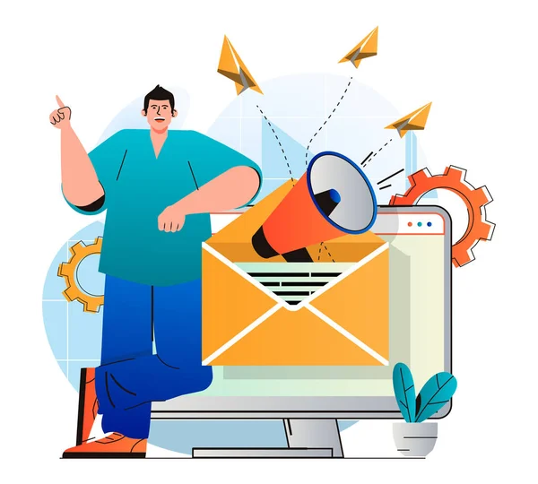 E-mail marketing concept in modern plat ontwerp. Man stuurt verkoopbrieven en nieuwsbrieven om nieuwe klanten aan te trekken. Online communicatie, bedrijfspromotie en reclamecampagne. Vectorillustratie — Stockvector