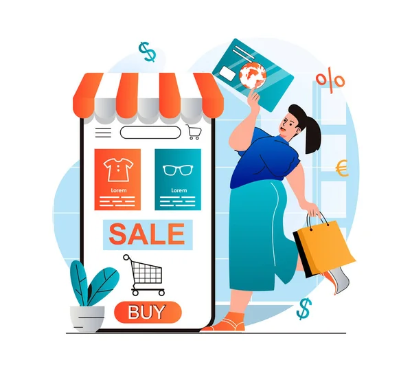 Koncepcja zakupów online w nowoczesnym płaskim designie. Kobieta kupująca i płacąca za towary w aplikacji mobilnej za pomocą karty kredytowej. Klient dokonuje korzystnych zakupów na stronie sklepu. Ilustracja wektora — Wektor stockowy