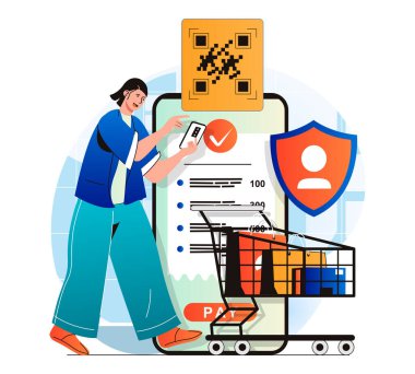 Modern daire tasarımında güvenli ödeme kavramı. Kadın satın alımlarını cep telefonu uygulamasındaki işlemleri onaylamak için banka havalesi ile ödüyor. Müşteri güvenli internet bankacılığına ödeme yapıyor. Vektör illüstrasyonu