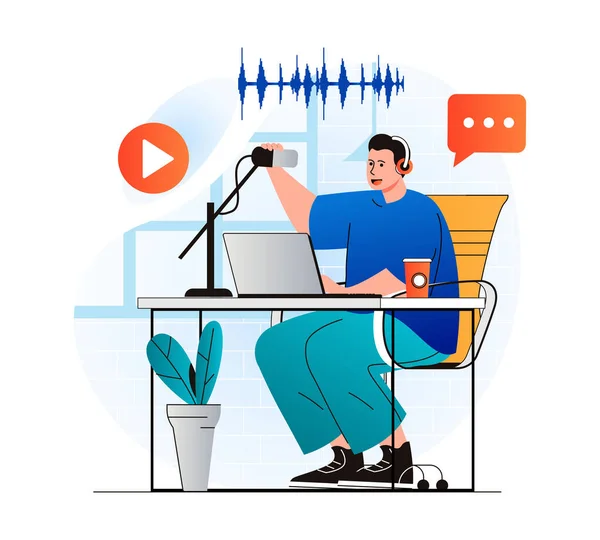 Conceito de streaming de podcast em design plano moderno. Homem a falar em microfone no programa de rádio ao vivo no estúdio. Blogger em transmissão ao vivo e se comunica com os ouvintes usando laptop. Ilustração vetorial — Vetor de Stock