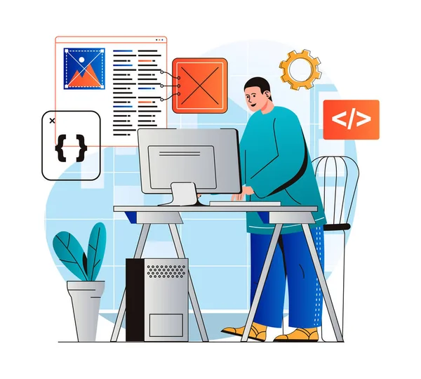 Programming working concept in modern flat design. Developer programs in different languages, creates software, working at computer in office. Development optimization and testing. Vector illustration — Stock Vector